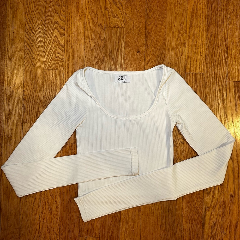White Ribbed Long Sleeve Top